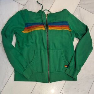 Aviator Nation Green Zip-Up Hoodie with Rainbow Stripes